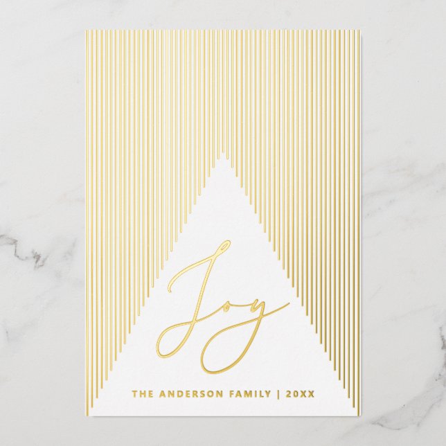 Joy. Gold Christmas modern geometric winter tree Foil Holiday Card (Front)