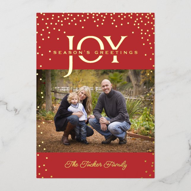 JOY Gold Confetti Red Season's Greetings 2-Photo Foil Holiday Card (Front)