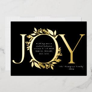 Joy Gold Foil Foliage Berry Wreath Photo black Holiday Card
