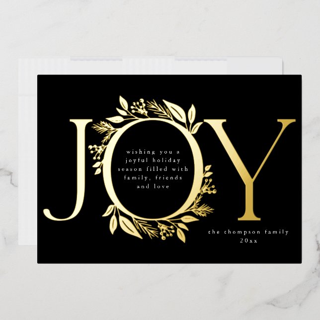 Joy Gold Foil Foliage Berry Wreath Photo black Holiday Card (Envelope)
