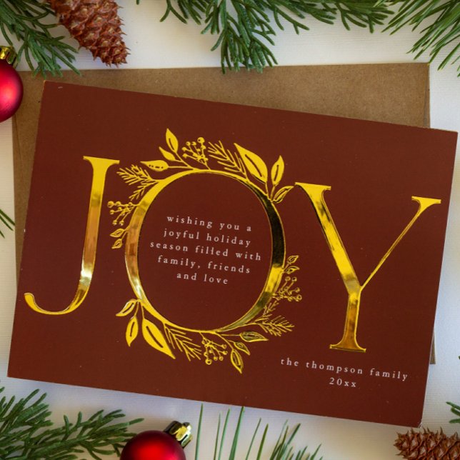 Joy Gold Foil Foliage Berry Wreath Photo Foil Holiday Card (Creator Uploaded)