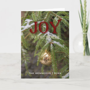 Joy - Gold glass Christmas ornament Evergreen Tree Holiday Card