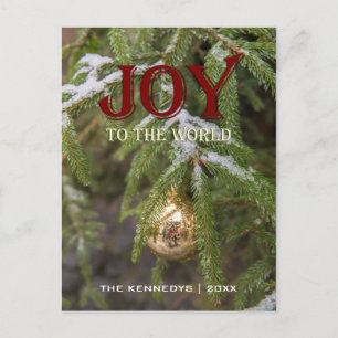 Joy - Gold glass Christmas ornament Evergreen Tree Holiday Postcard