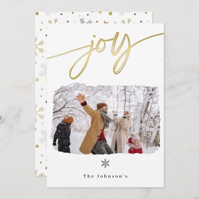 Joy Gold Minimalist Snowflake Photo Christmas Card (Front/Back)