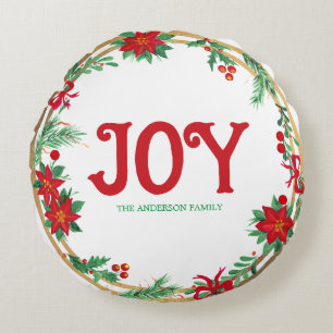 Joy Gold Red White Green Leaves Wreath Christmas Round Cushion