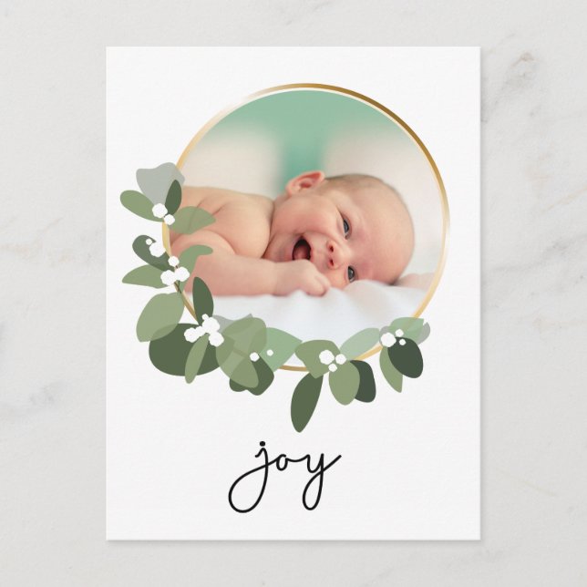 Joy Gold Wreath Baby Photo Christmas Postcard (Front)