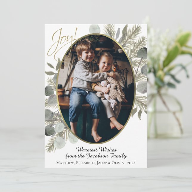 Joy! Golden Pine & Eucalyptus Watercolor Photo Holiday Card (Standing Front)