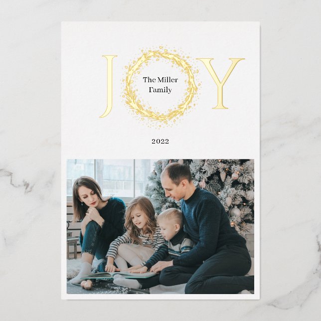 Joy Golden Wreath Christmas Foil Holiday Card (Front)