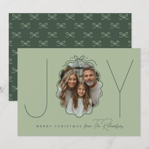 JOY Green Bow Wavy Photo Christmas Holiday Card