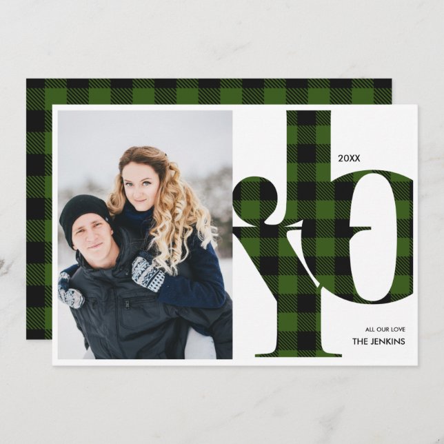 Joy | Green Buffalo Plaid Photo Holiday Invitation (Front/Back)