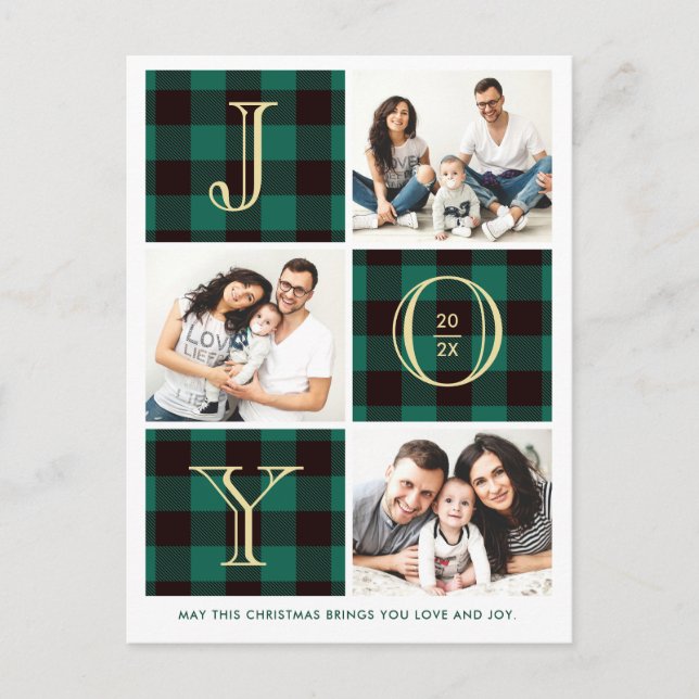 JOY | Green Plaid Photo Collage Christmas Holiday Postcard (Front)