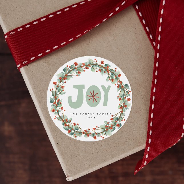  Joy | Green Red Wreath Foliage Berries Christmas Classic Round Sticker (Creator Uploaded)