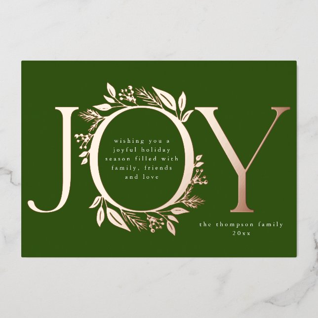 Joy Green Rose Gold Pine Berry Wreath Photo Foil Holiday Card (Front)