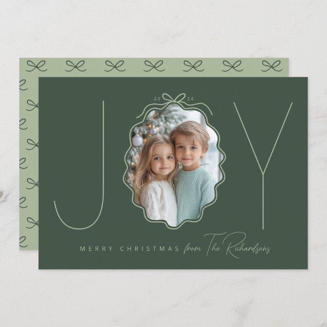 JOY Green Simple Bow Photo Christmas Holiday Card (Front/Back)