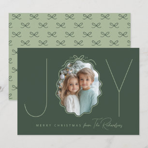 JOY Green Simple Bow Photo Christmas Holiday Card