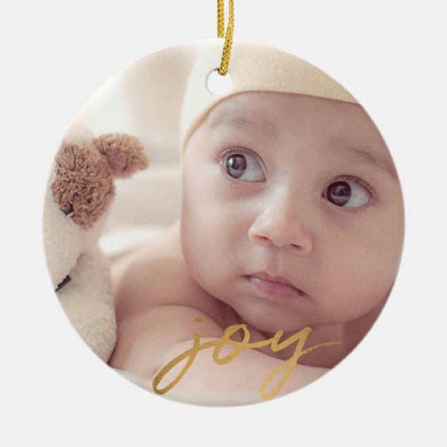 Joy Hand Lettered Gold 2 sided Photo Holiday Ceramic Ornament (Front)