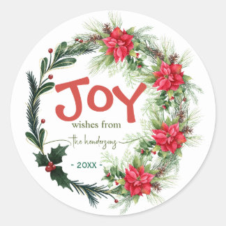 Joy Handwritten Script Name Christmas Wreath Red Classic Round Sticker