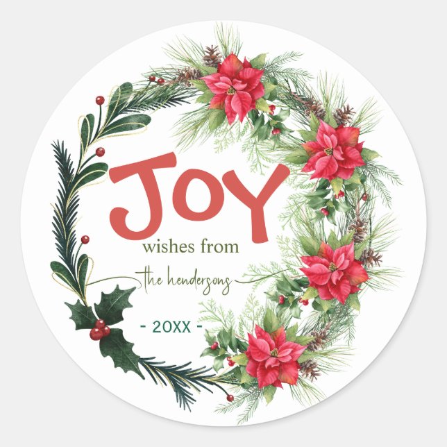 Joy Handwritten Script Name Christmas Wreath  Red  Classic Round Sticker (Front)