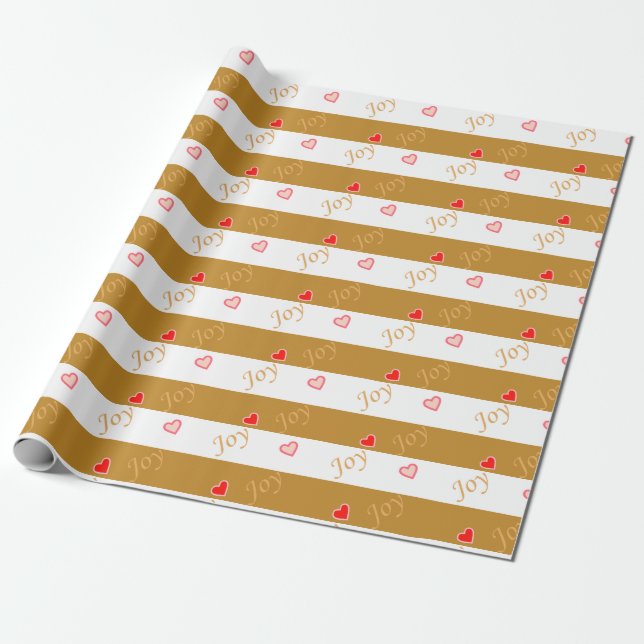 Joy Heart Pattern on Striped Golden & White Wrapping Paper (Unrolled)