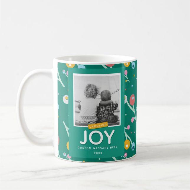 Joy Holiday Berries Custom 1-Photo Christmas Coffee Mug (Left)
