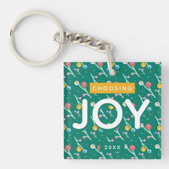 Joy Holiday Berries Green Christmas Custom Key Ring (Front)