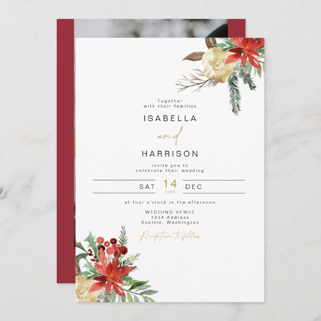 JOY Holiday Poinsettia Winter Red Floral Wedding Invitation (Front/Back)