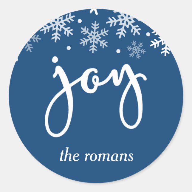 Joy Holiday Snowflake Navy Blue Personalised Classic Round Sticker (Front)