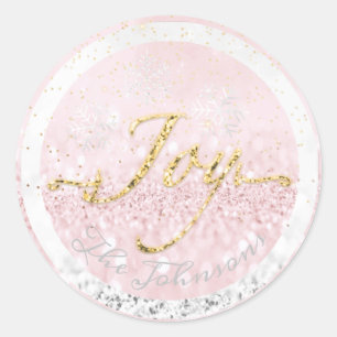 Joy Holidays Name Snowflakes Pink Gold Confetti Classic Round Sticker