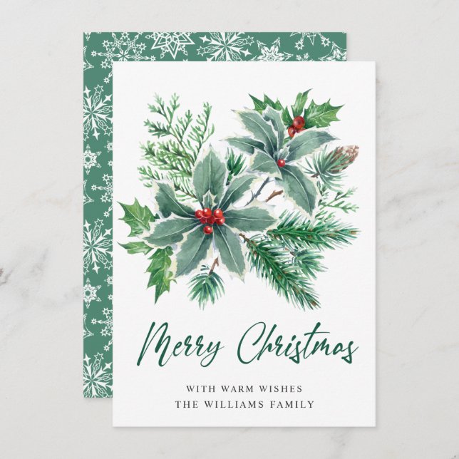 JOY Holly Berry Branch Christmas Greeting Holiday Card (Front/Back)