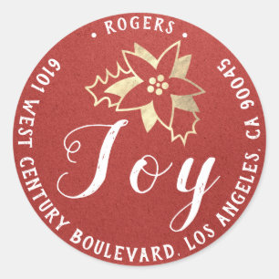 Joy Holly Holiday Return Address Linen Gold Red Classic Round Sticker