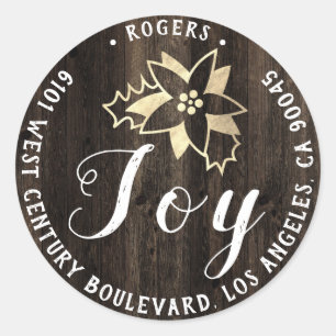 Joy Holly Holiday Return Address Rustic Gold Wood Classic Round Sticker