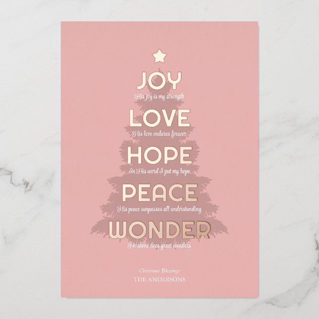 Joy Hope Love Peace Wonder Christian Christmas Foil Holiday Card (Front)