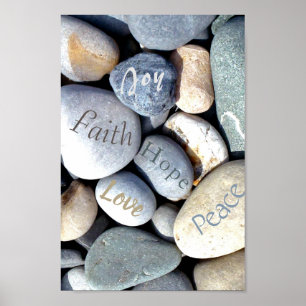 Joy Hope Peace Faith Love Christian Value Pebbles Poster