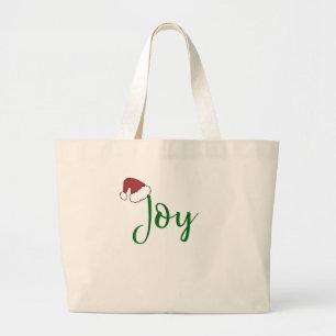 Joy in green with Santa Hat Large Tote Bag