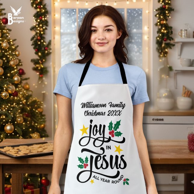 Joy in Jesus Christian Christmas Family Name  Apron (White personalized JOY IN JESUS matching family apron with typography and customizable name)