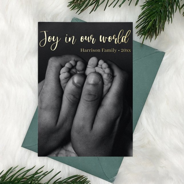 "Joy in our world" Christmas Newborn Announcement (Joy in our world newborn announcement christmas holiday card with gold foil detail and family photo)