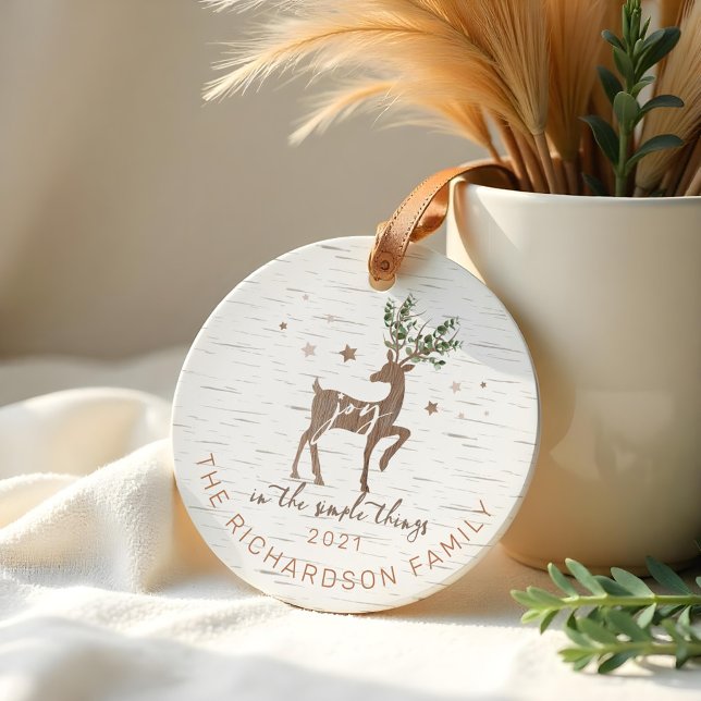 Joy In the Simple Things Birch Bark Woodgrain Deer Ceramic Ornament (Joy In the Simple Things Birch Bark Woodgrain Deer Ceramic Ornament (Front))