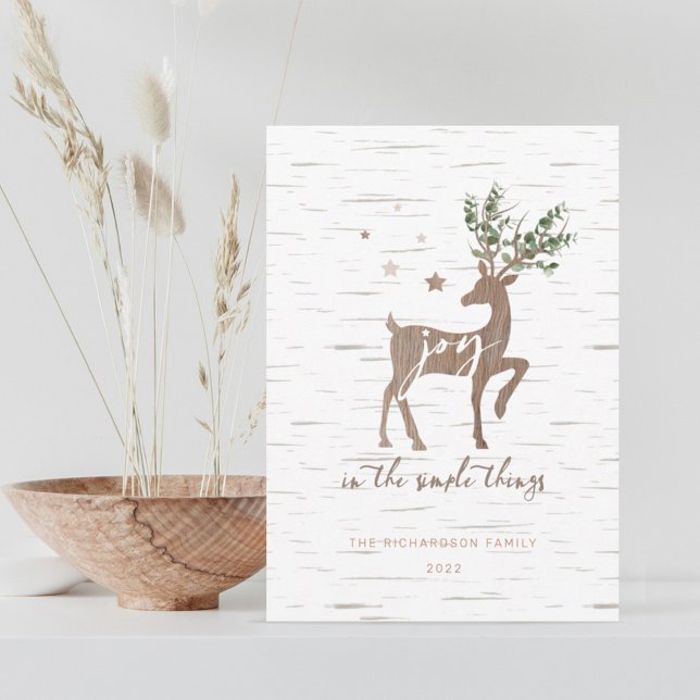 Joy In the Simple Things Birch Bark Woodgrain Deer Holiday Card (Creator Uploaded)