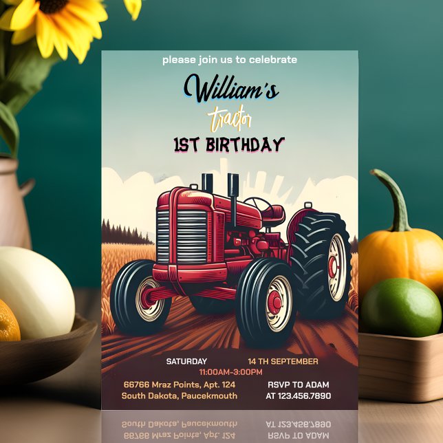 Joy kids retro boy cool tractor first 1st birthday invitation (Creator Uploaded)
