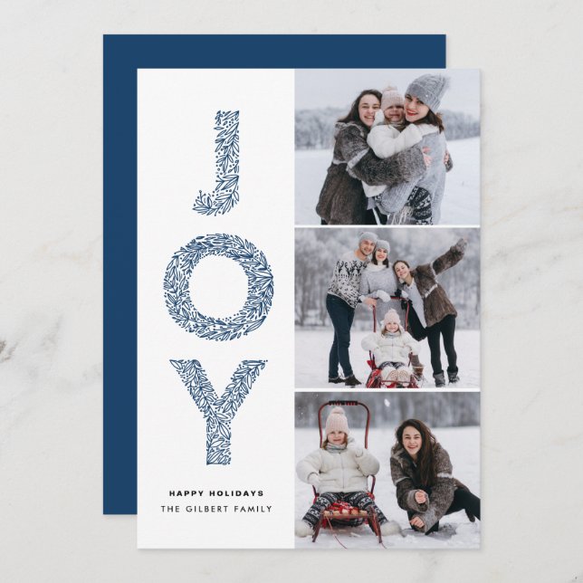 JOY Lettering Blue Christmas Photo Collage Holiday Card (Front/Back)