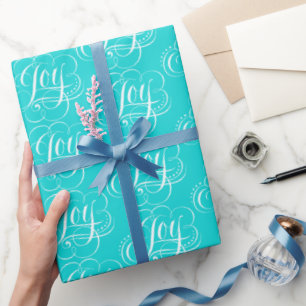 JOY Lettering Fashionable Flourished Aqua Blue Wrapping Paper