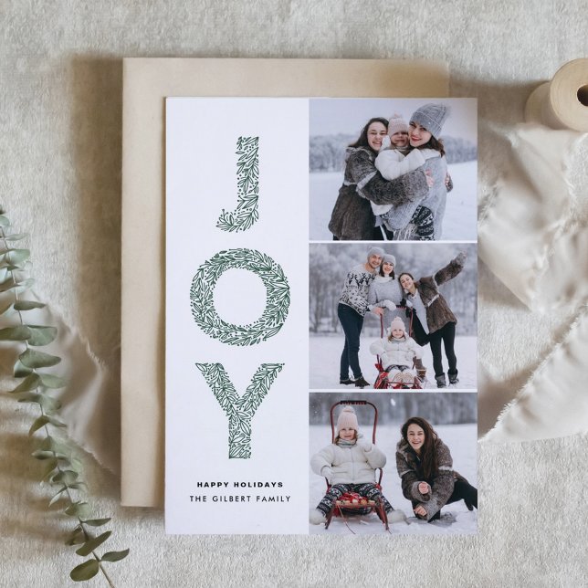 JOY Lettering Green Christmas Photo Collage Holiday Card (JOY Foliage Lettering Green Christmas Three Photo Collage Holiday Card)