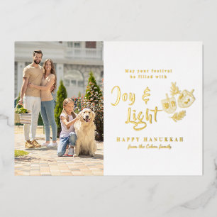 Joy & Light Elegant Script Family Photo Hanukkah Foil Holiday Card