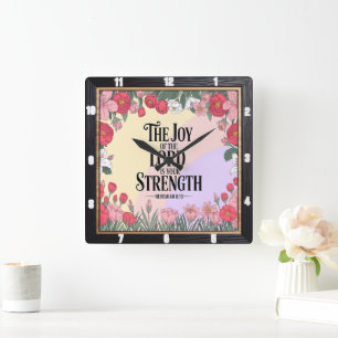 Joy Lord Strength Floral  Square Wall Clock