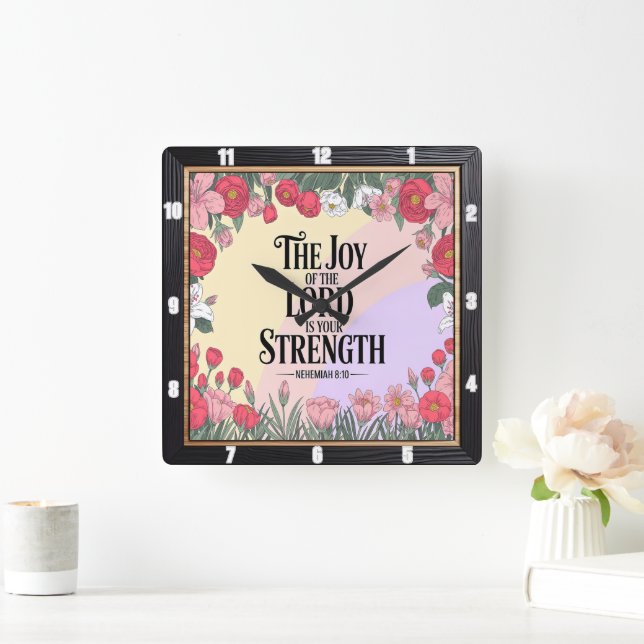 Joy Lord Strength Floral  Square Wall Clock (Home)