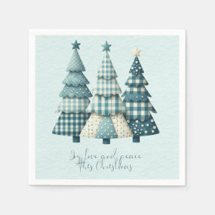 Joy, Love and Peace Blue Chequered Christmas Trees Napkin