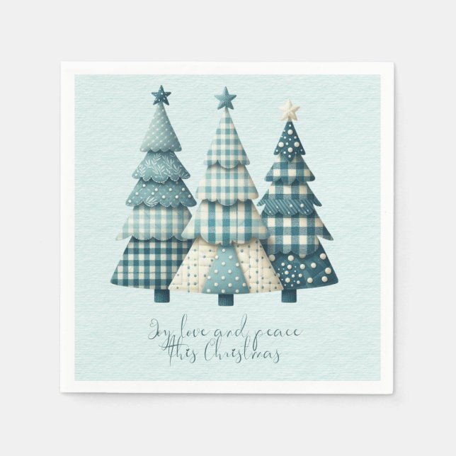 Joy, Love and Peace Blue Chequered Christmas Trees Napkin (Front)