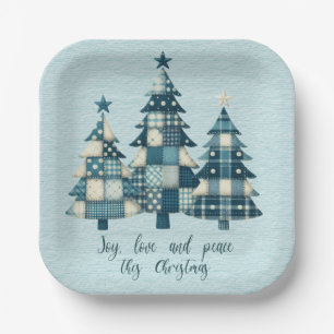 Joy, Love and Peace Blue Chequered Christmas Trees Paper Plate
