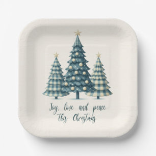 Joy, Love and Peace Blue Chequered Christmas Trees Paper Plate