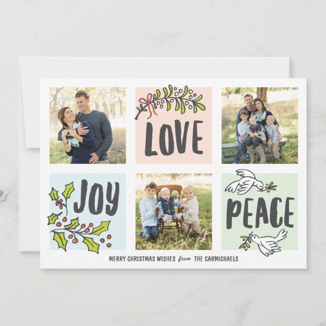 Joy Love and Peace Three Photo Holiday Card (Front)
